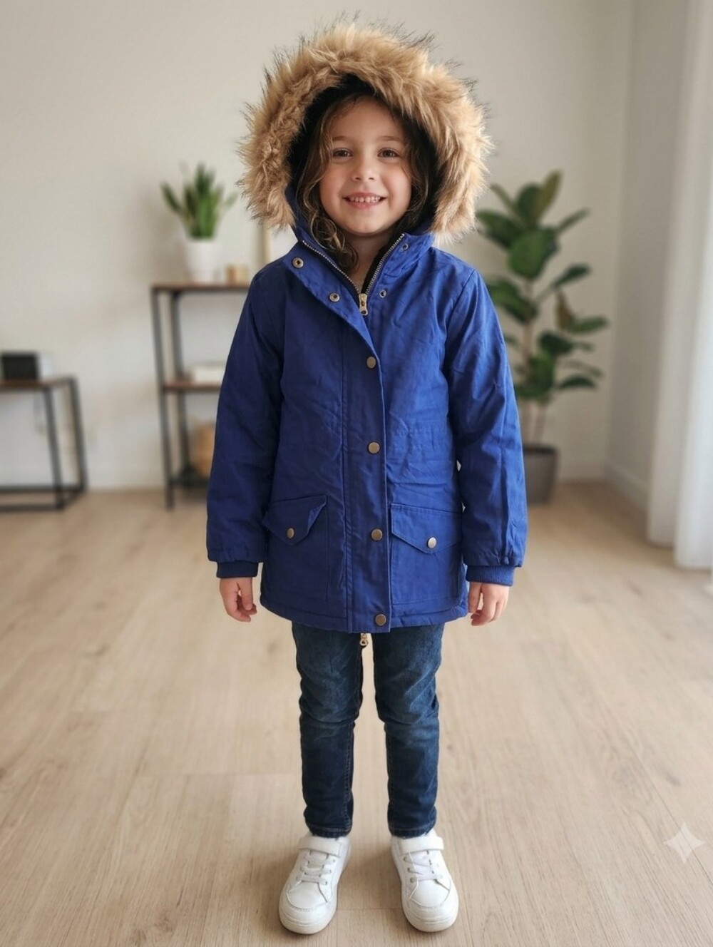 Kids Blue Hooded Parka Jacket with Faux Fur Trim